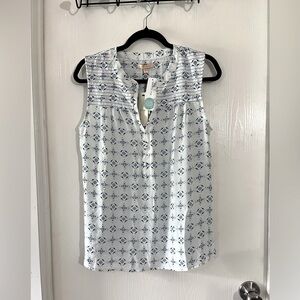 Under Skies White and Blue Sheer Geometric Blouse